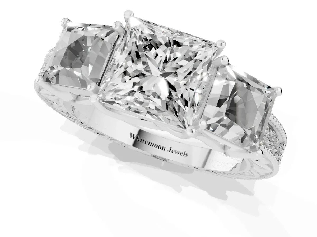 Three-Stone Princess Cut Cut Milgrain Pavé Engagement Ring Platinum