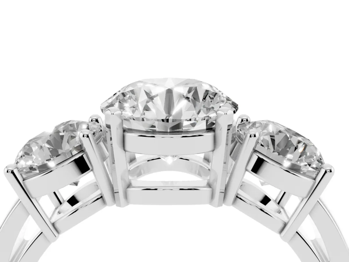 Three-Stone Round Cut Diamond Ring with Round Side Stones, Classic Band, and Four-Prong Setting White gold