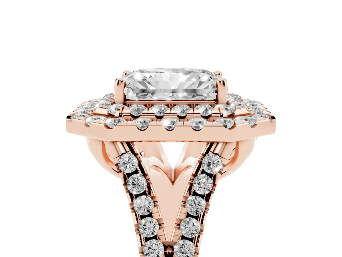 Double Halo Radiant Cut Diamond Pavé Split Shank Ring with Prong Setting Rose gold