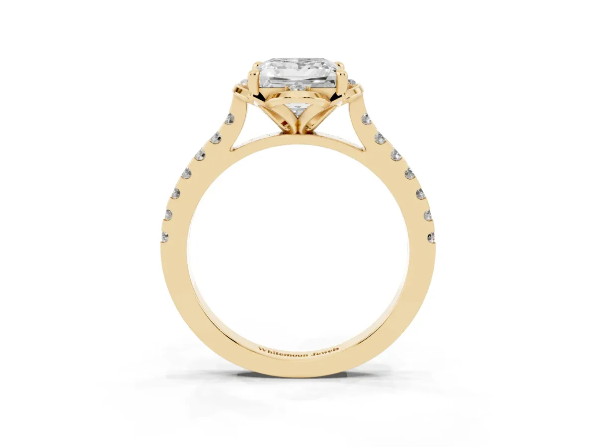 Princess Cut Diamond Ring with Pavé Band and Floral Prong Setting Yellow gold