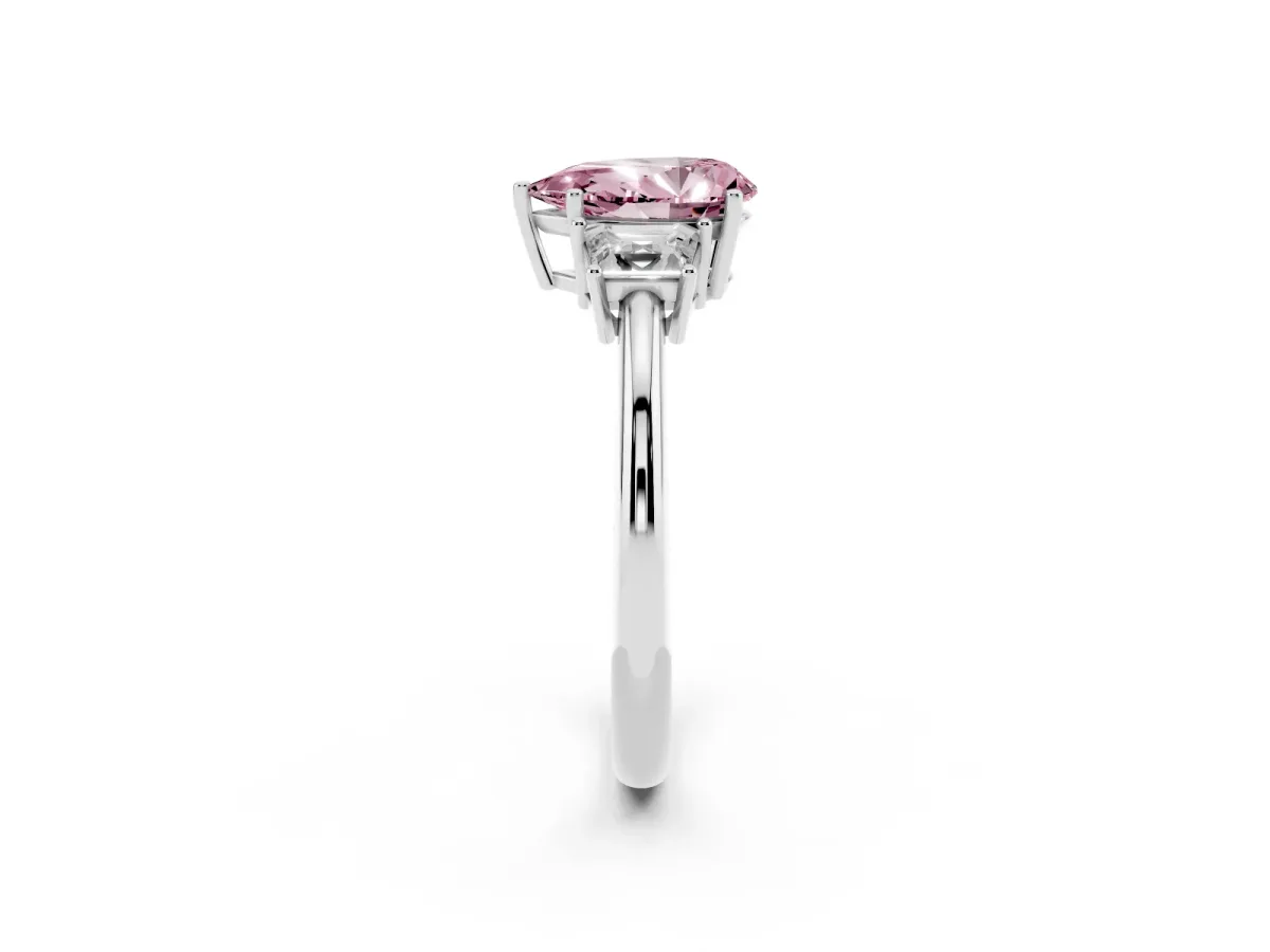 Fancy Pink Pear Cut Diamond Three-Stone Ring with Trapezoid Side Stones and Prong Setting Platinum