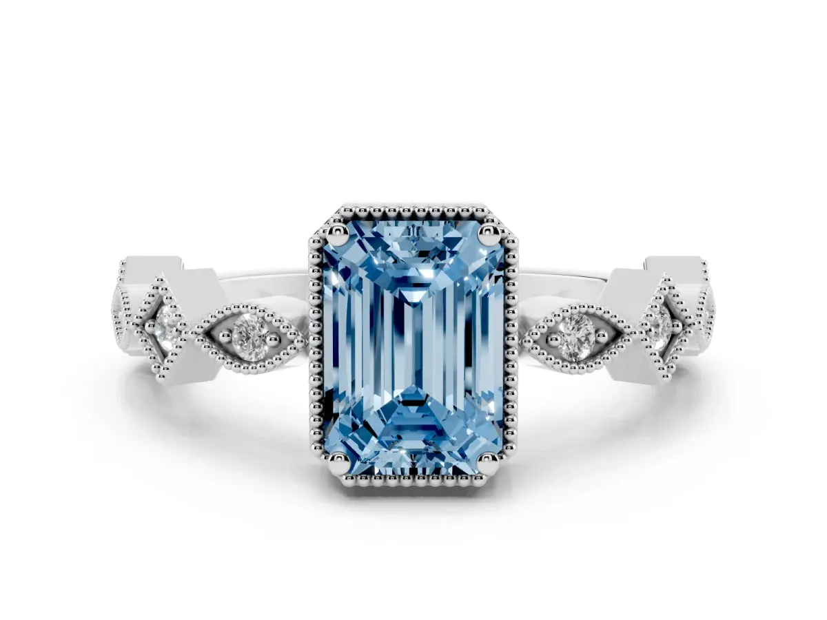 Fancy Blue Emerald Cut Milgrain Marquise Diamond Twist Band Ring Platinum