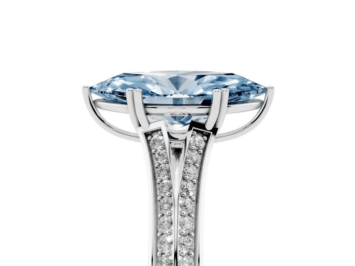 Fancy Blue Marquise Cut Diamond Split Shank Engagement Ring with Pavé Band Silver