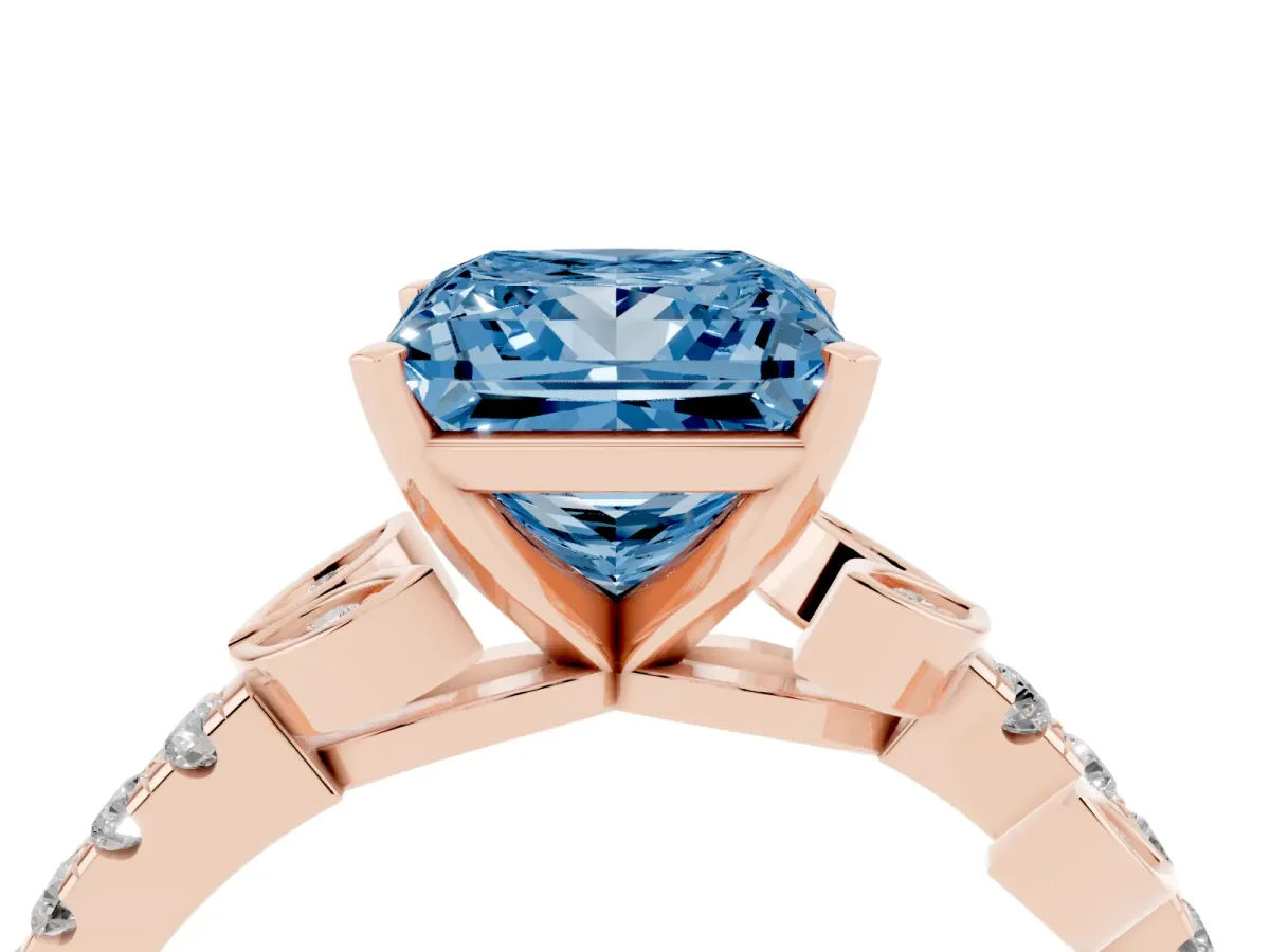 Fancy Blue Princess Cut Solitaire Leaf-Inspired Diamond Ring with Pavé Band and Four-Prong Setting Rose gold