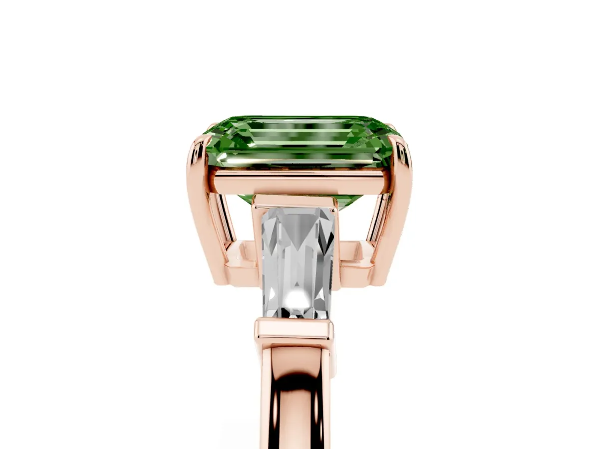Fancy Green Emerald Cut Diamond Three-Stone Ring with Tapered Baguette Side Stones and Prong Setting Rose gold