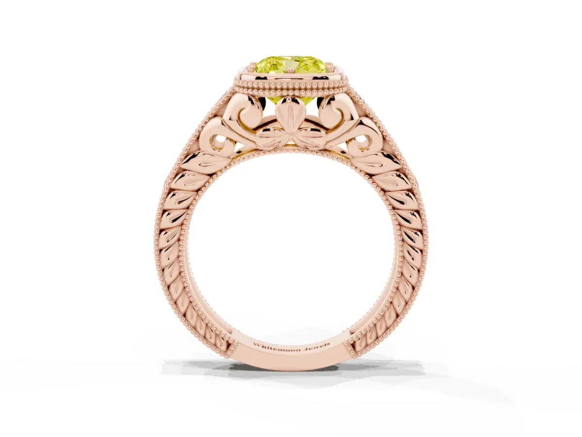 Fancy Yellow Bezel Set Cushion Cut Diamond Milgrain Pave Engagement Ring Rose gold