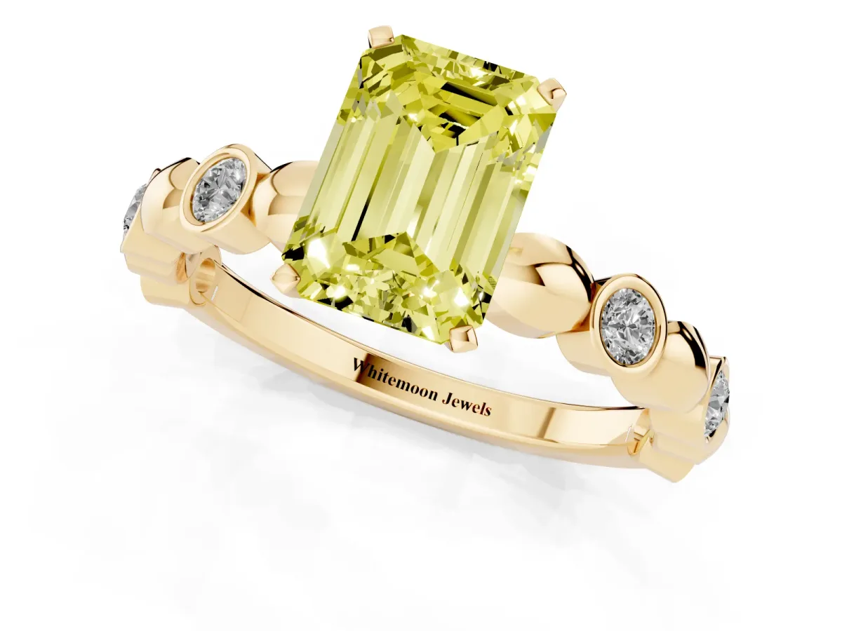 Fancy Yellow Emerald Cut Solitaire Bezel-Set Diamond Ring with Beaded Band and Four-Prong Setting Yellow gold