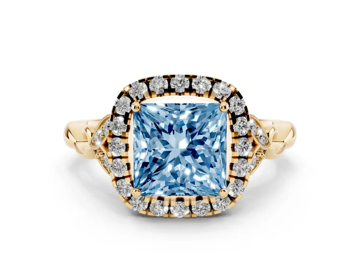 Fancy Blue Princess Cut Halo Diamond Engagement Ring with Vintage-Inspired Band and Four-Prong Setting Yellow gold