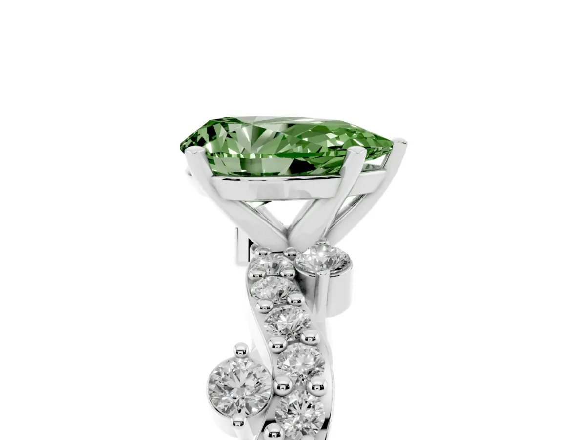 Fancy Green Pear Cut Cut Solitaire Diamond Twisted Band with Pave Setting White gold