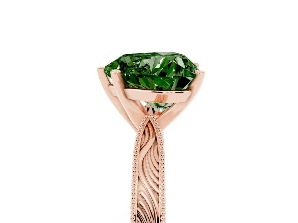 Fancy Green Heart Cut Solitaire Milgrain Engraved Band with Four-Prong Setting Rose gold