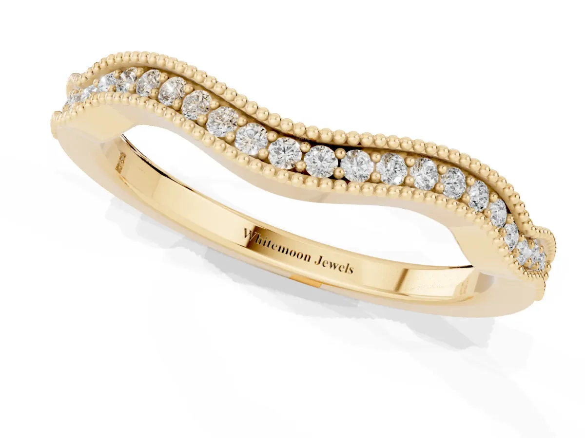 Pavé Round Diamond Curved Milgrain Band Yellow gold