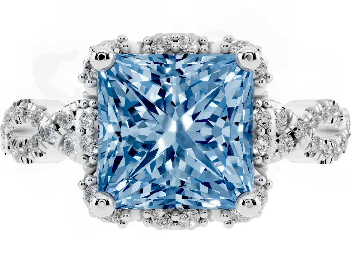 Fancy Blue Princess Cut Halo Twist Band Solitaire Ring with Six-Prong Setting Platinum