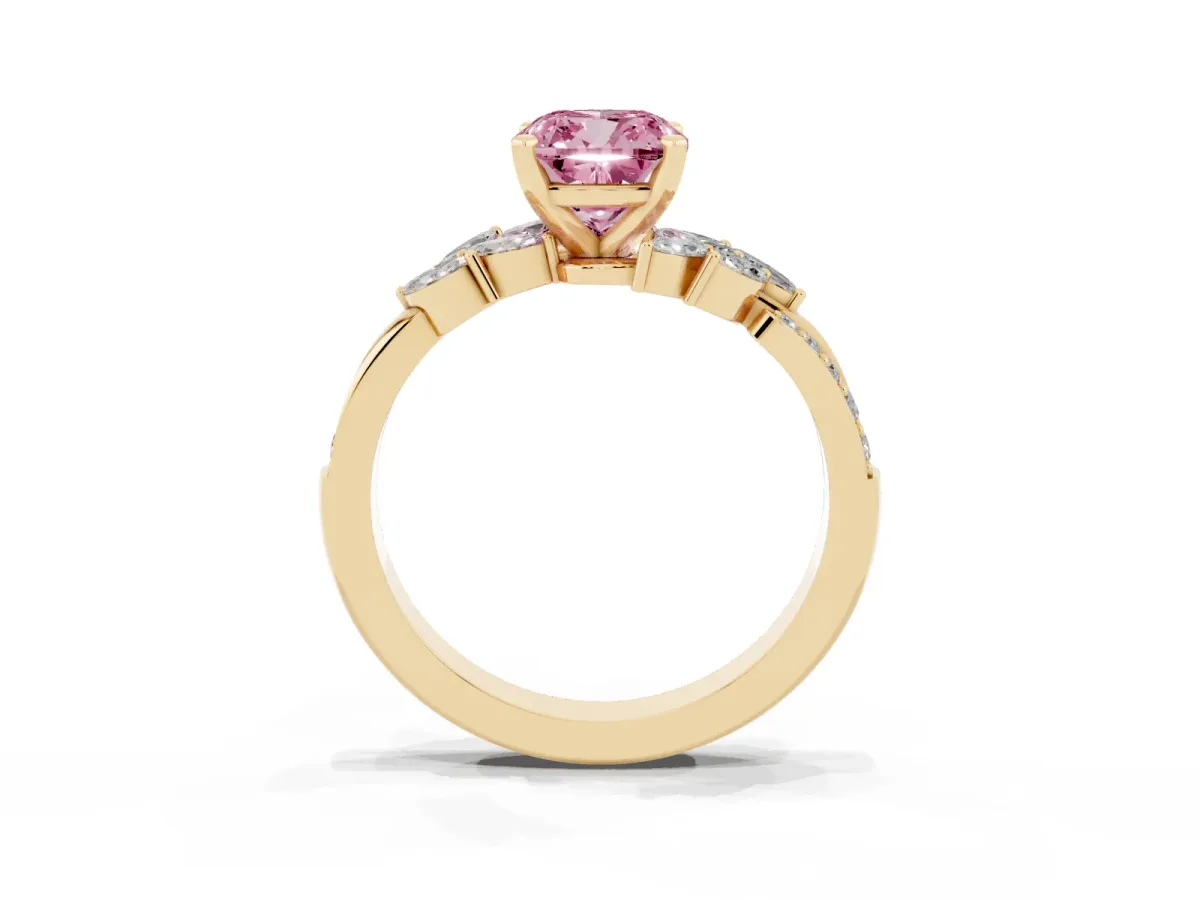 Fancy Pink Cushion Cut Solitaire Marquise Twist Band with Six-Prong Setting Yellow gold