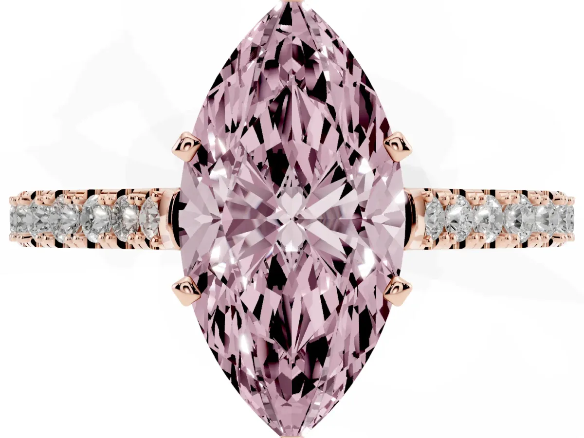 Fancy Pink Marquise Cut Cut Solitaire Diamond Engagement Ring with Pave Band and Four-Prong Setting Rose gold