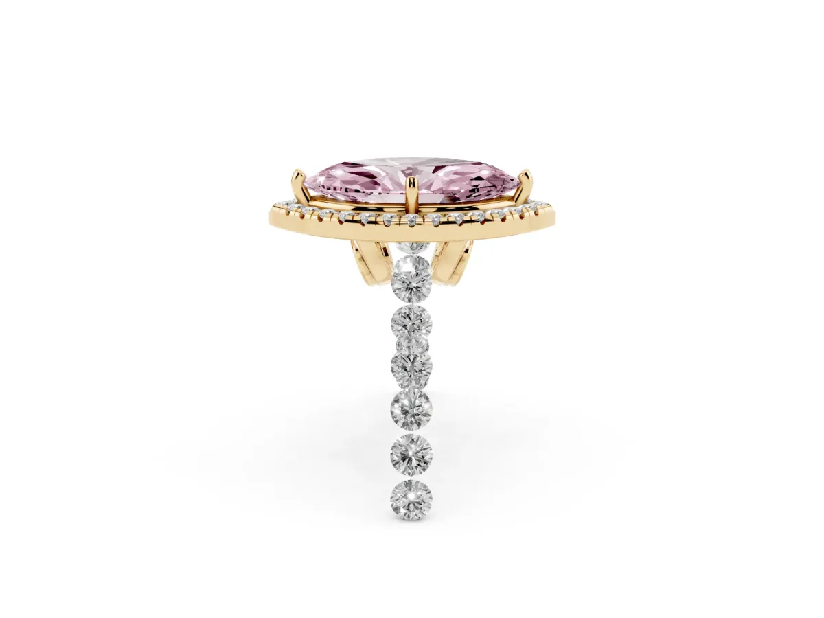 Fancy Pink Marquise Cut Halo Pavé Diamond Engagement Ring with Four-Prong Setting Yellow gold