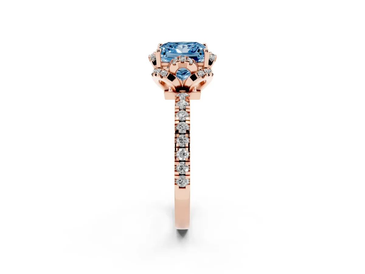 Fancy Blue Princess Cut Halo Diamond Pave Band Ring with Four-Prong Setting Rose gold