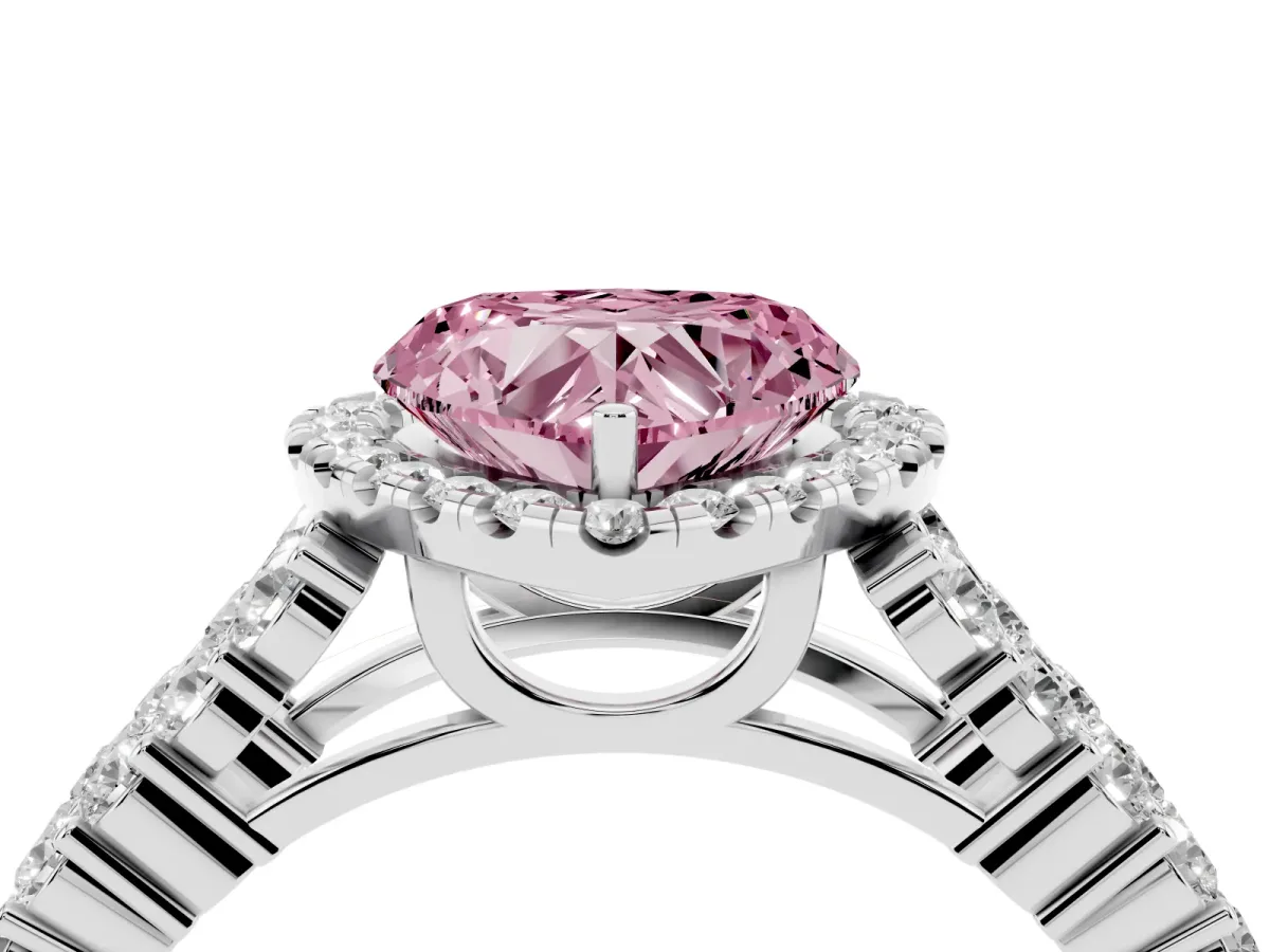 Fancy Pink Heart Cut Diamond Halo Engagement Ring with Triple Row Round Pavé Band and Prong Setting Silver