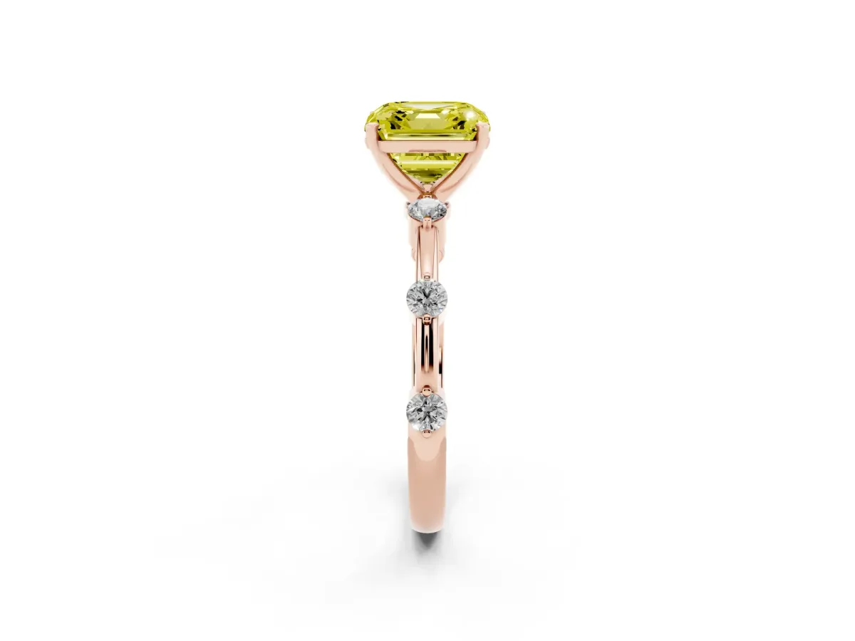 Fancy Yellow Asscher Cut Solitaire Diamond Ring with Bezel Set Side Stones and Prong Setting Rose gold