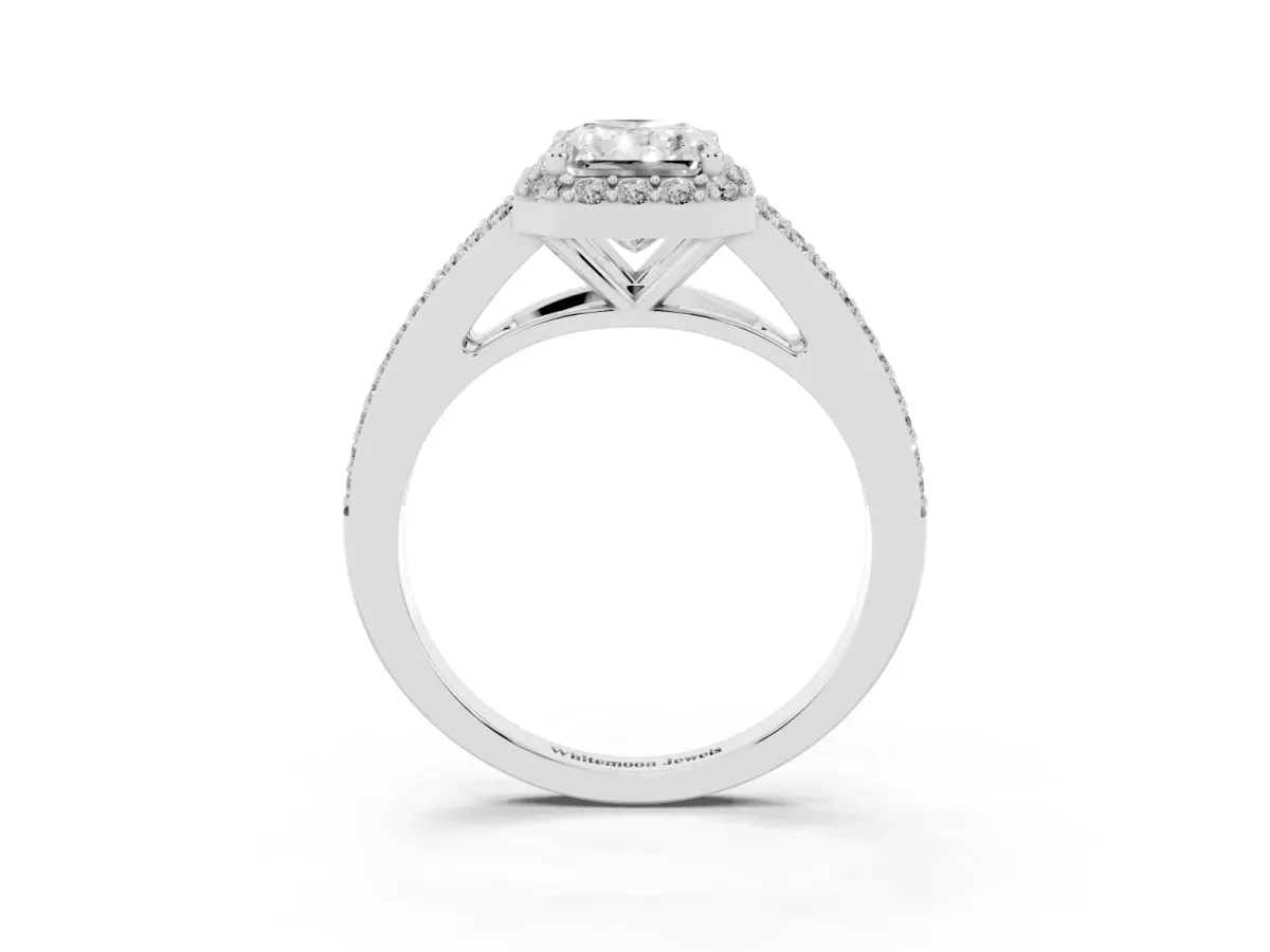 Radiant Cut Halo Split Shank Diamond Ring with Prong Setting Silver
