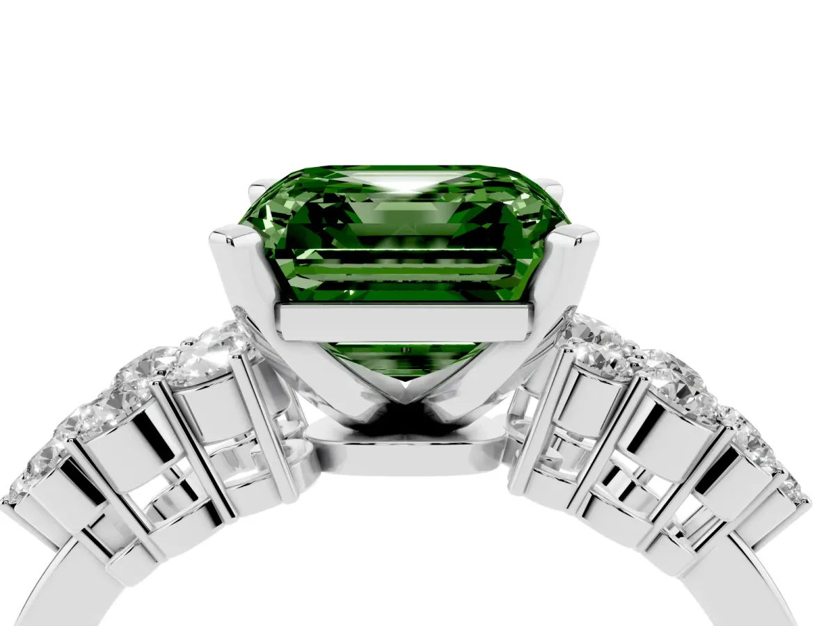 Fancy Green Asscher Cut Cluster Diamond Engagement Ring with Pavé Band and Four-Prong Setting Platinum