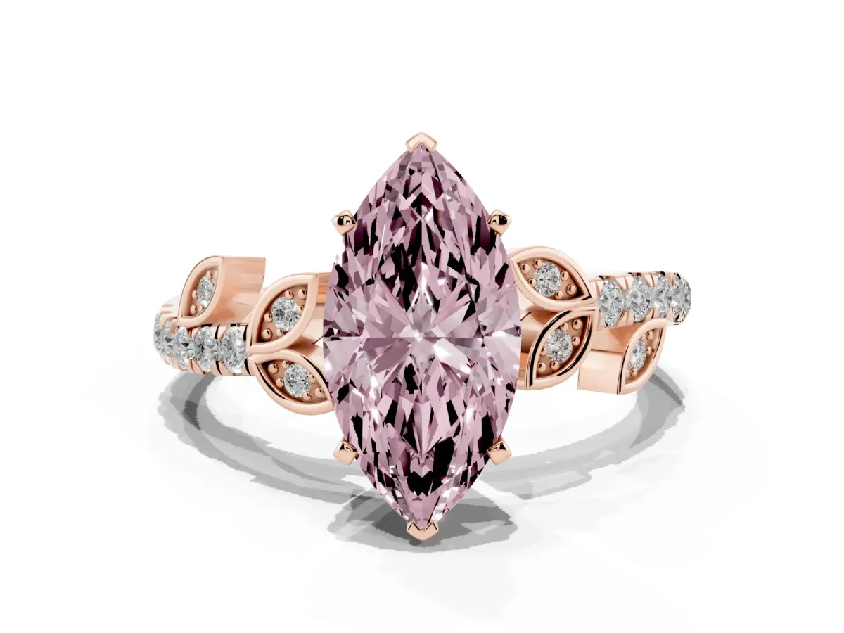 Fancy Pink Marquise Cut Solitaire Leaf-Inspired Diamond Ring with Pavé Band and Four-Prong Setting Rose gold