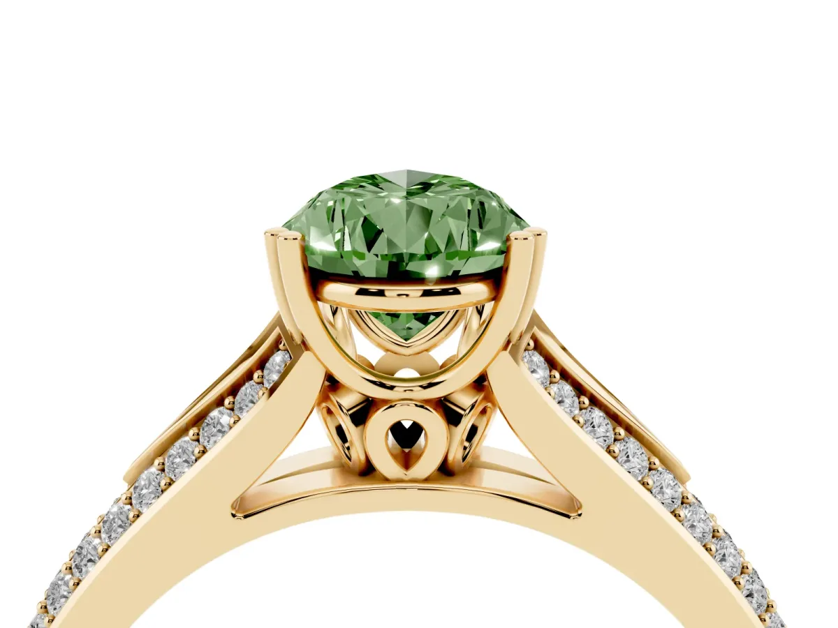 Fancy Green Pear Cut Diamond Split Shank Engagement Ring with Pavé Band Yellow gold