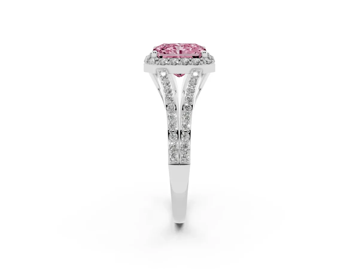Fancy Pink Radiant Cut Halo Split Shank Diamond Ring with Prong Setting Silver