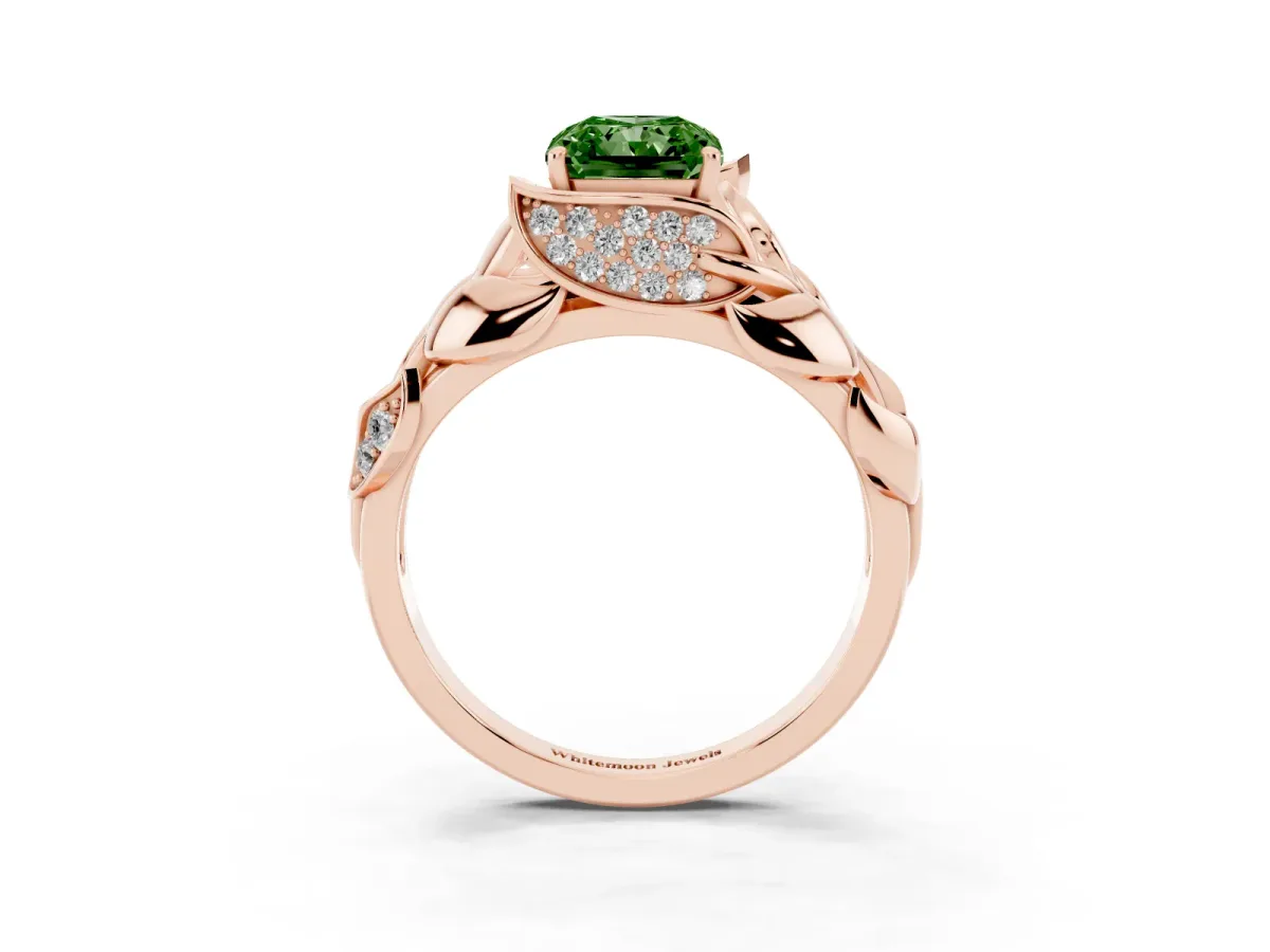 Fancy Green Radiant Cut Diamond Leaf-Inspired Engagement Ring with Round Accents and Prong Setting Rose gold