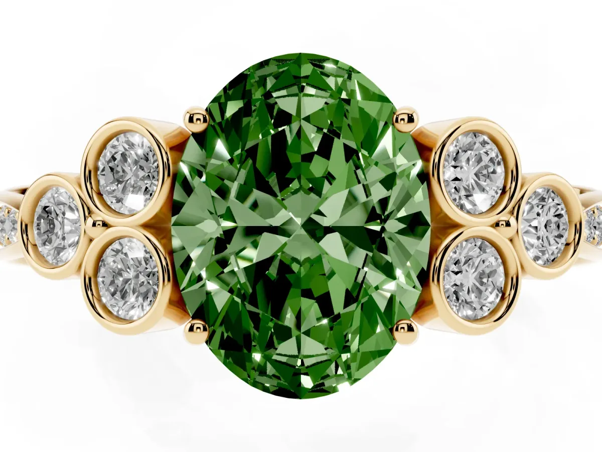 Fancy Green Oval Cut Cut Diamond Engagement Ring with Bezel Set Round Side Stones and Prong Setting Yellow gold