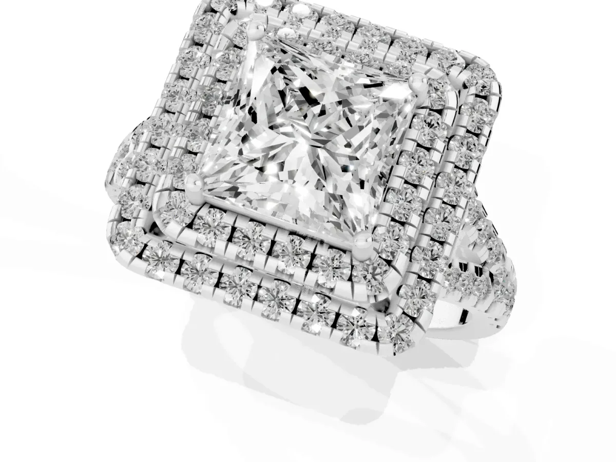 Double Halo Princess Cut Diamond Pavé Split Shank Ring with Prong Setting Platinum