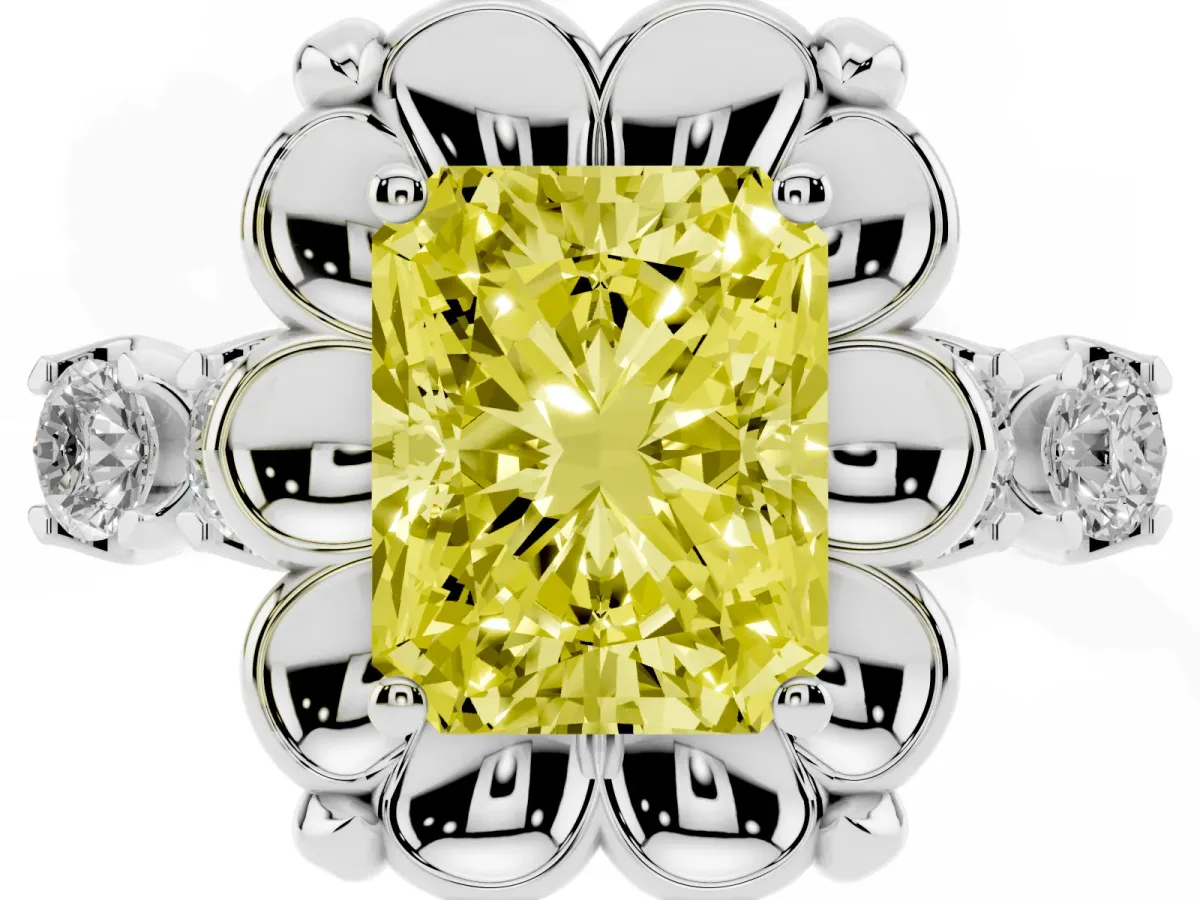 Fancy Yellow Radiant Cut Cut Diamond Floral Halo Engagement Ring with Shared Prong Setting White gold