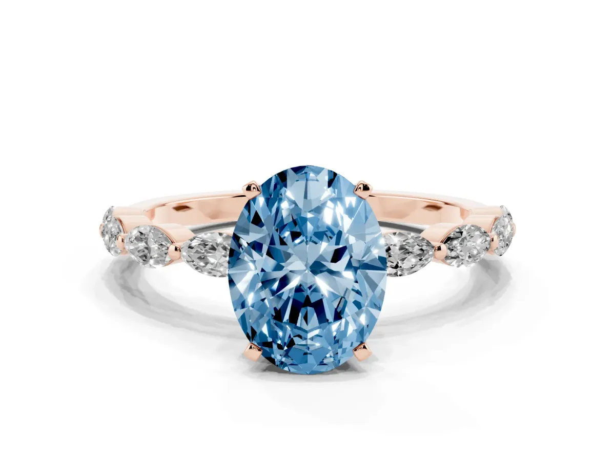 Fancy Blue Oval Cut Diamond Ring with Marquise Side Stones and Prong Setting Rose gold