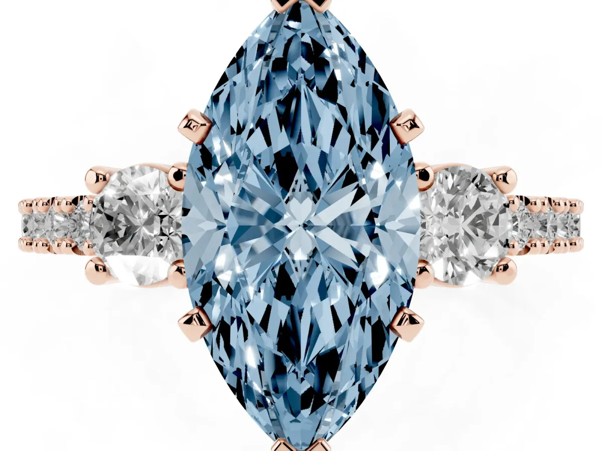 Fancy Blue Marquise Cut Three-Stone Diamond Pavé Band with Prong Setting Rose gold