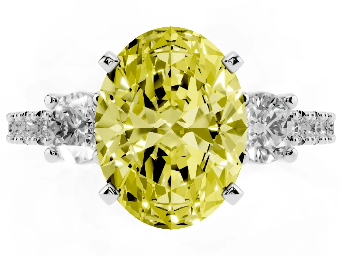 Fancy Yellow Oval Cut Three-Stone Diamond Pavé Band with Prong Setting Platinum