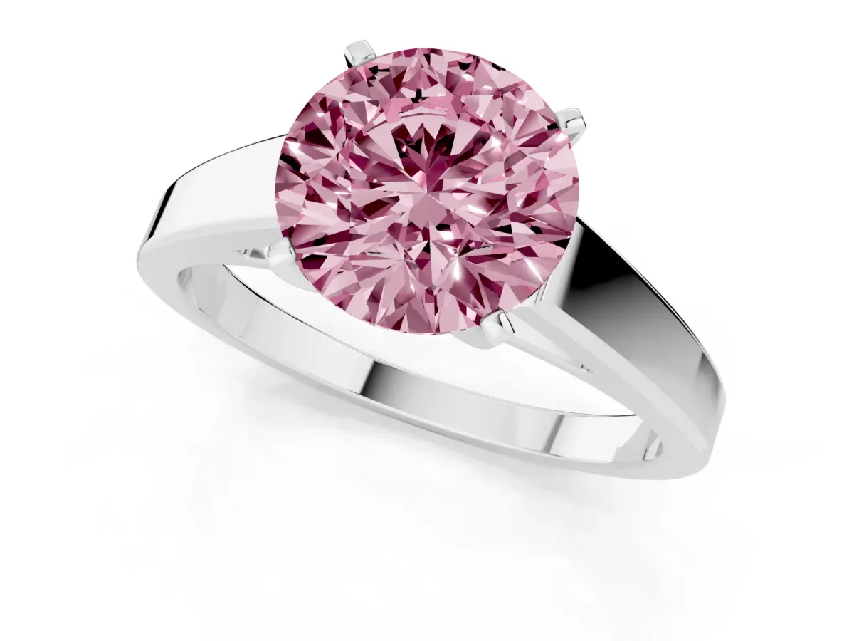 Fancy Pink Round Cut Solitaire Engagement Ring with Four-Prong Setting and Tapered Band Silver