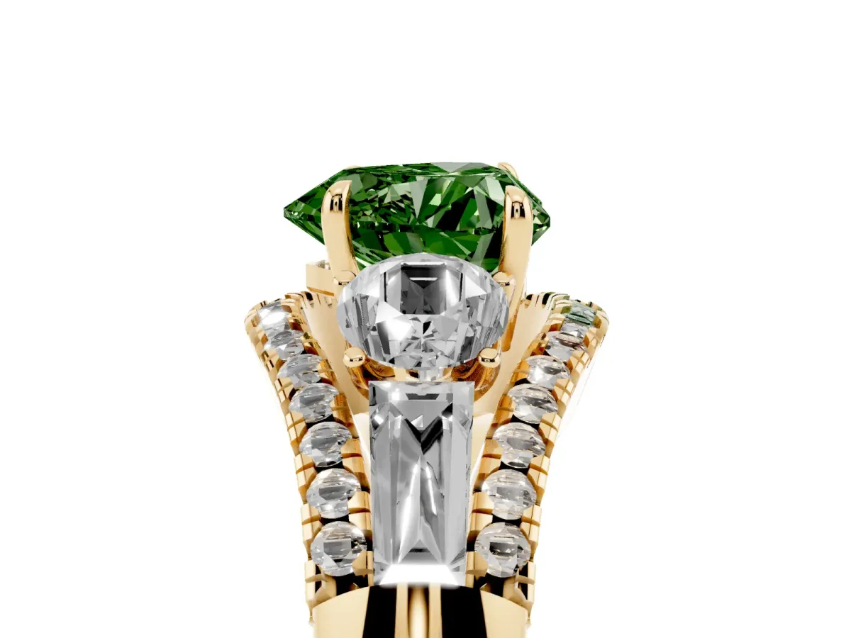 Fancy Green Three-Stone Heart Cut Diamond Engagement Ring with Pave Band and Prong Setting Yellow gold