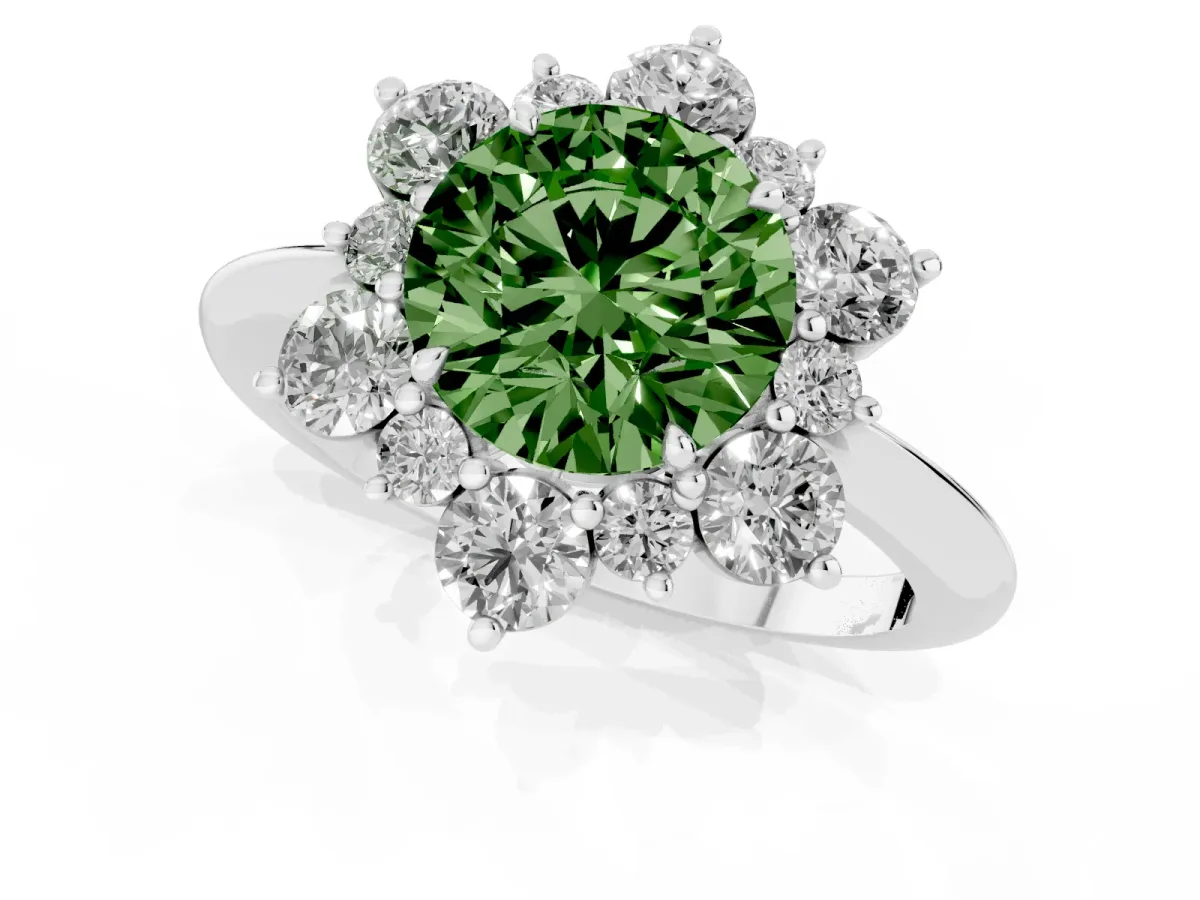 Fancy Green Round Cut Diamond Cluster Halo Ring with Solitaire Band and Four-Prong Setting Platinum