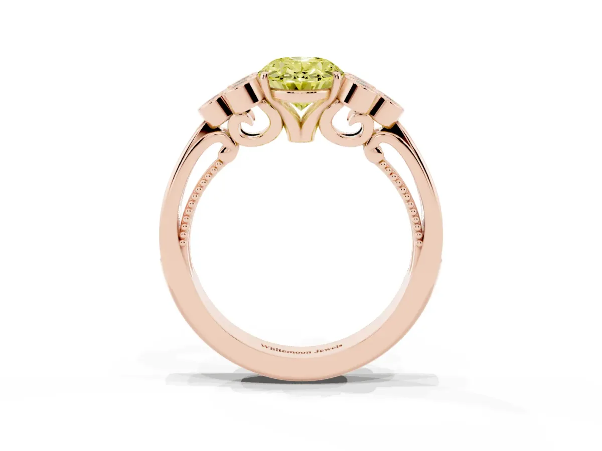 Fancy Yellow Oval Cut Cut Diamond Engagement Ring with Bezel Set Round Side Stones and Prong Setting Rose gold