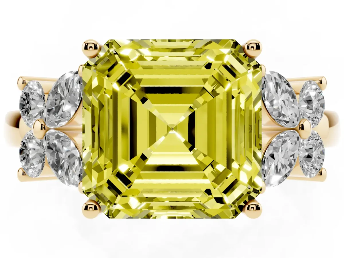 Fancy Yellow Asscher Cut Diamond Floral Cluster Ring with Solitaire Band and Prong Setting Yellow gold