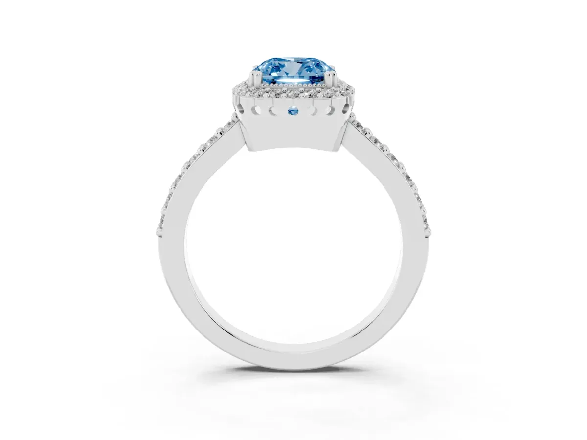 Fancy Blue Cushion Cut Cut Diamond Halo Engagement Ring with Milgrain Detail and Pavé Band Silver