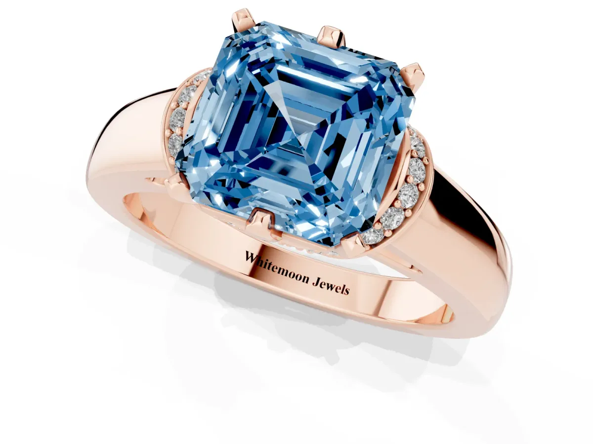 Fancy Blue Asscher Cut Solitaire Diamond Ring with Pave Band and Six-Prong Setting Rose gold