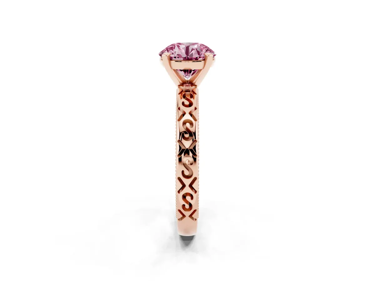 Fancy Pink Round Cut Solitaire Engagement Ring with Scrollwork Band and Four-Prong Setting Rose gold