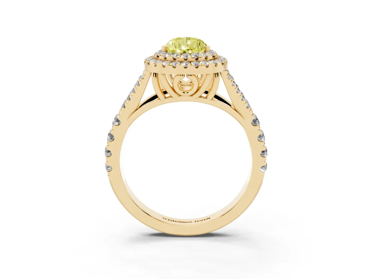 Fancy Yellow Pear Cut Cut Double Halo Split Shank Diamond Ring with Prong Setting Yellow gold