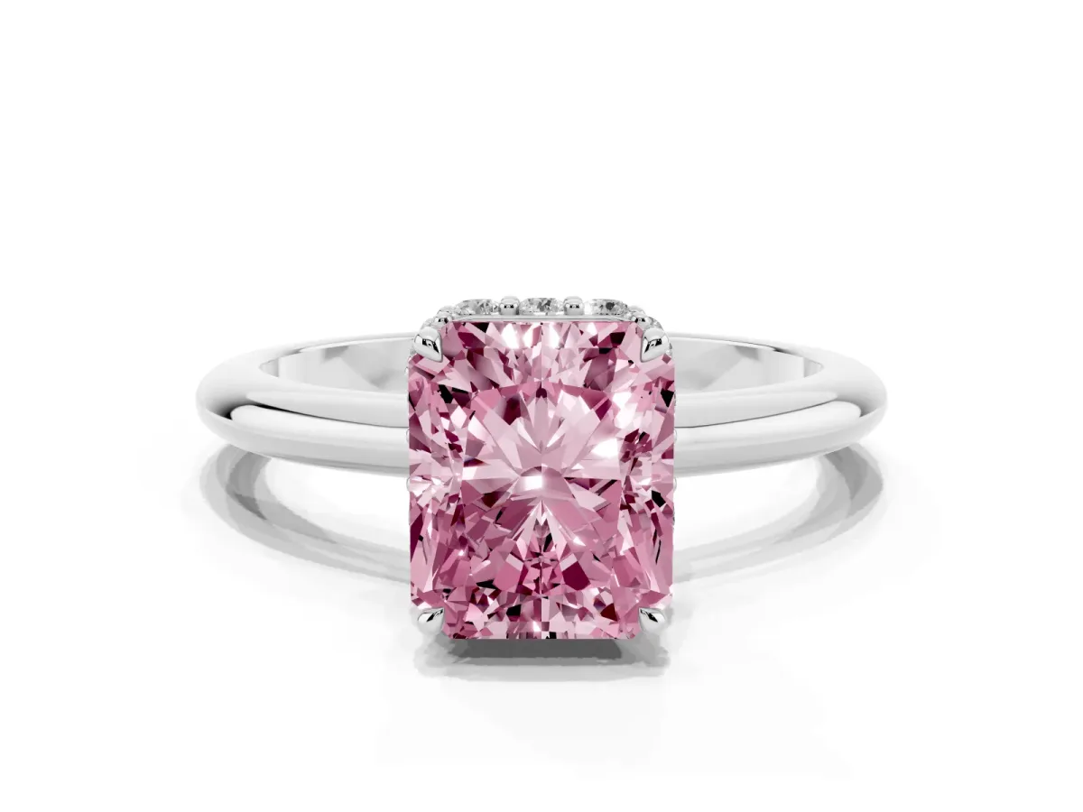 Fancy Pink Radiant Cut Brilliant Solitaire Engagement Ring with Six-Prong Setting and Classic Band Silver