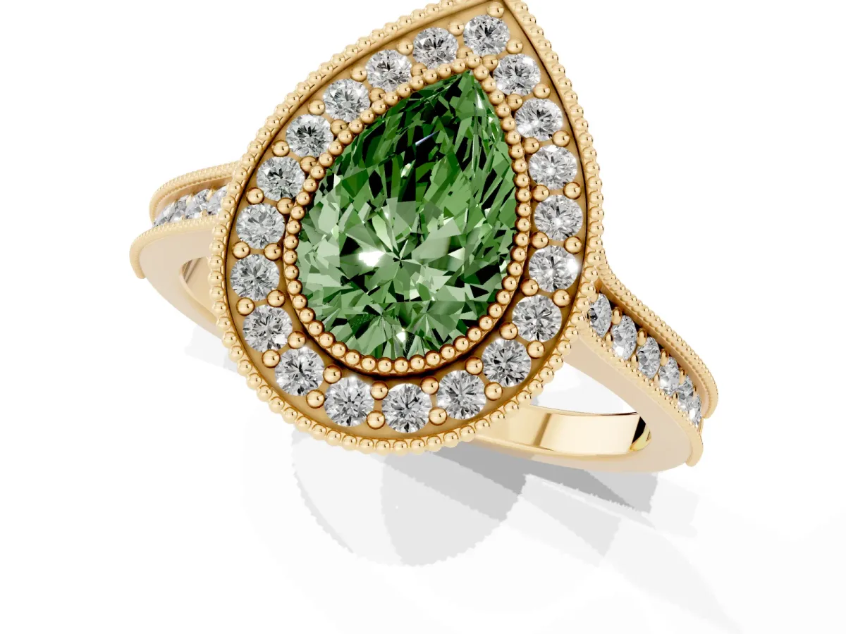 Fancy Green Halo Pear Cut-Cut Diamond Pave Band Milgrain Prong Setting Ring Yellow gold