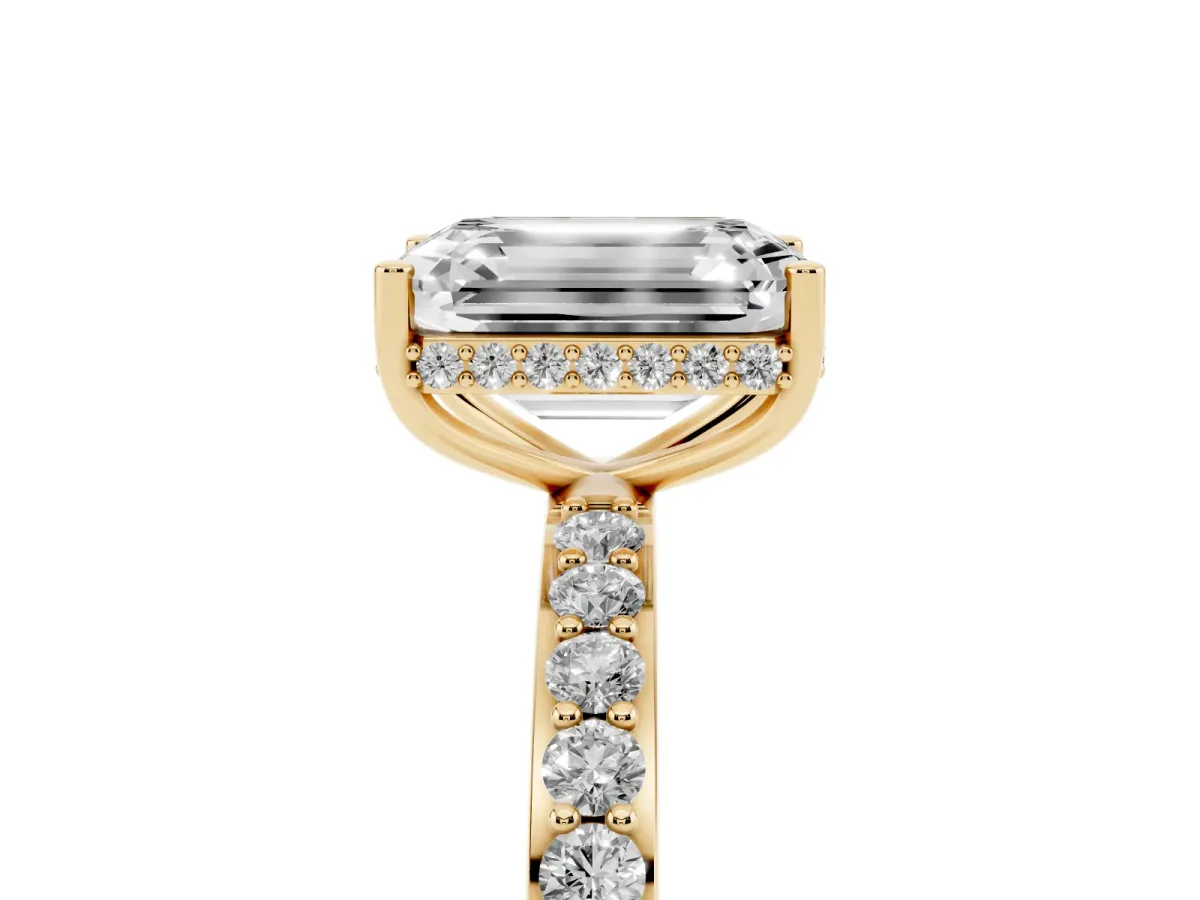 Emerald Cut Diamond Solitaire Ring with Pavé Band and Hidden Halo Yellow gold