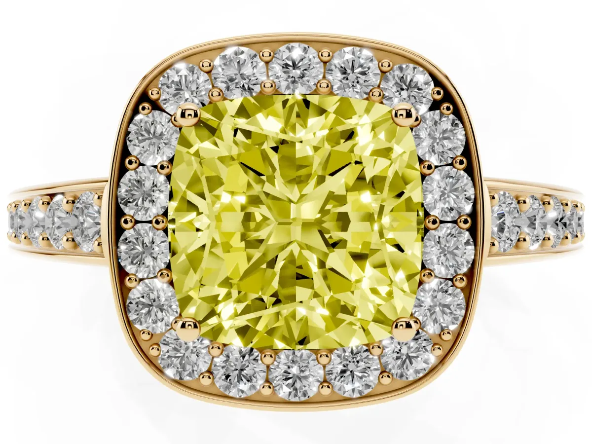 Fancy Yellow Cushion Cut Halo Pavé Diamond Engagement Ring with Bezel Setting Yellow gold
