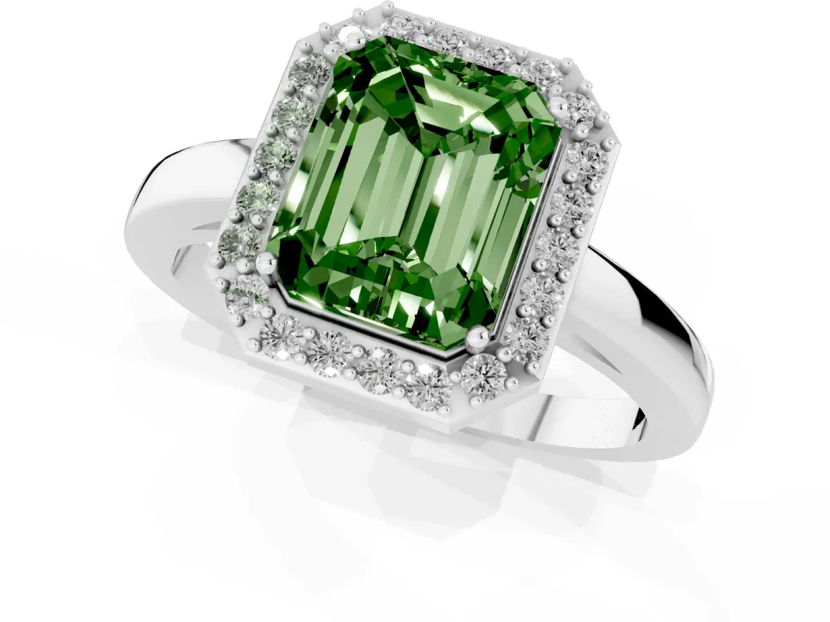 Fancy Green Radiant Cut Halo Diamond Ring with Solitaire Band and Prong Setting White gold