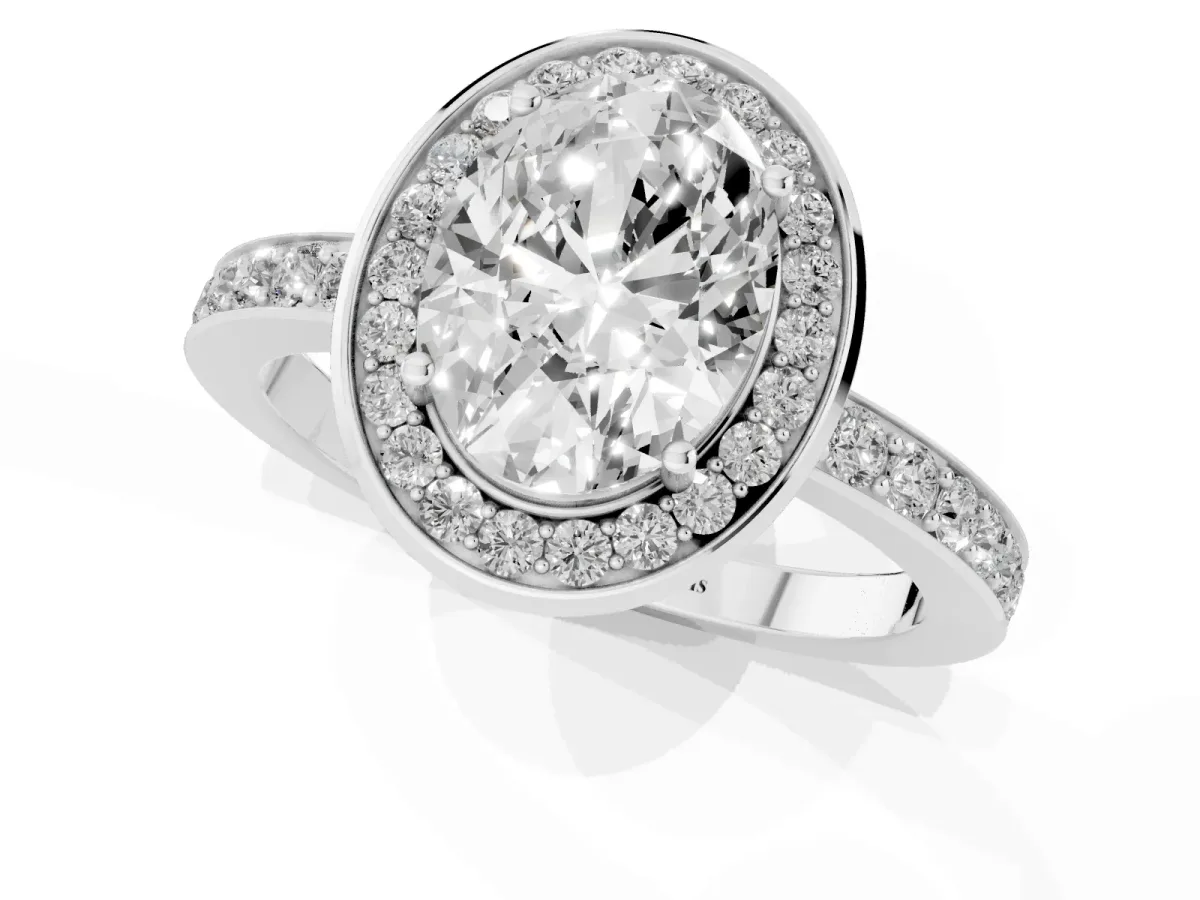 Oval Cut Diamond Halo Ring with Bezel Frame and Pavé Band Silver