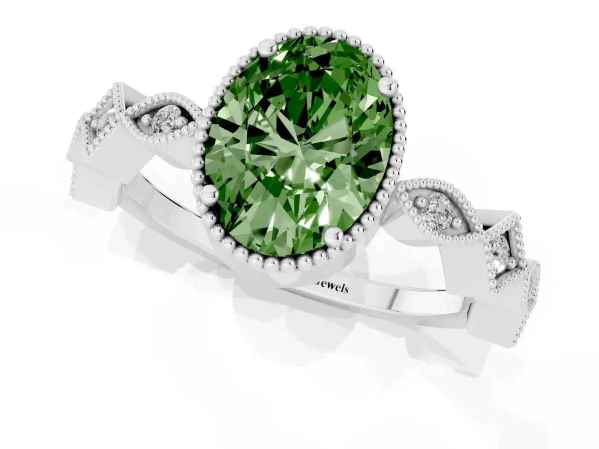 Fancy Green Oval Cut Milgrain Marquise Diamond Twist Band Ring Silver